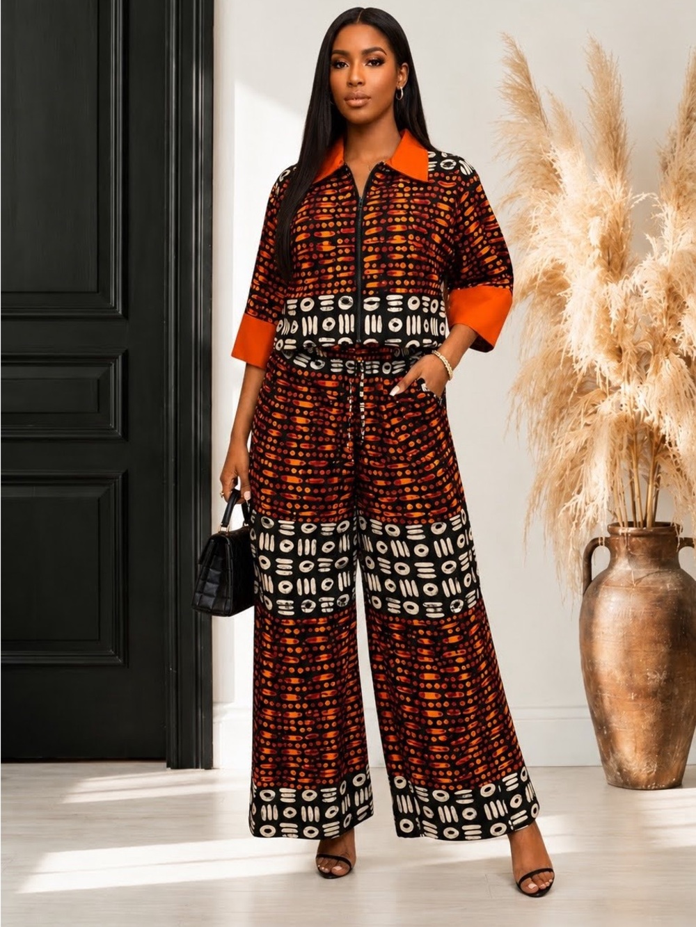 Two Piece Set / Top & Pants Set, Orange Black Patterned